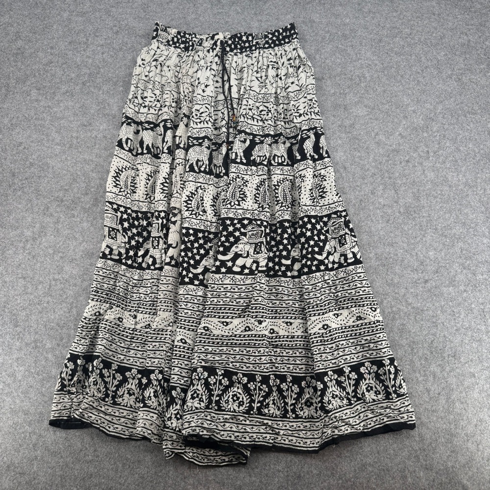 Cute Options Elephant Print Boho Maxi Skirt Black White Rayon One Size Bell Trim